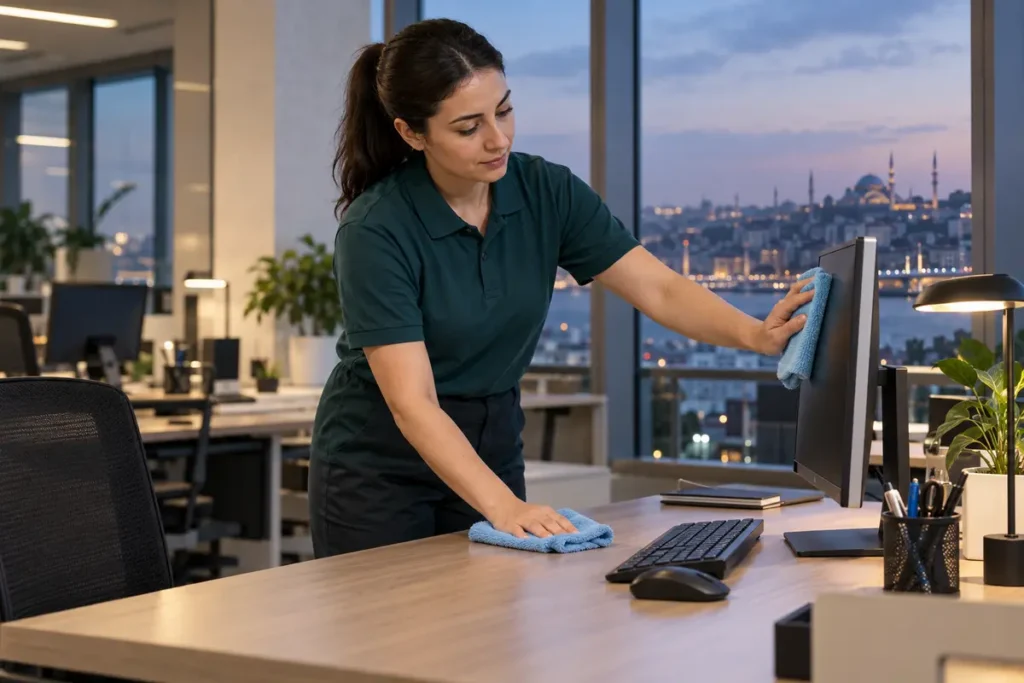 Ofis temizliğinde çalışma masasını ve elektronik ekipmanları mikrofiber bezle silen görevli