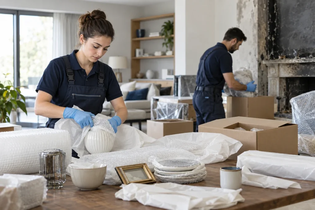 Temizlenerek kurtarılabilir eşyaları korumak için paketleyen görevli
