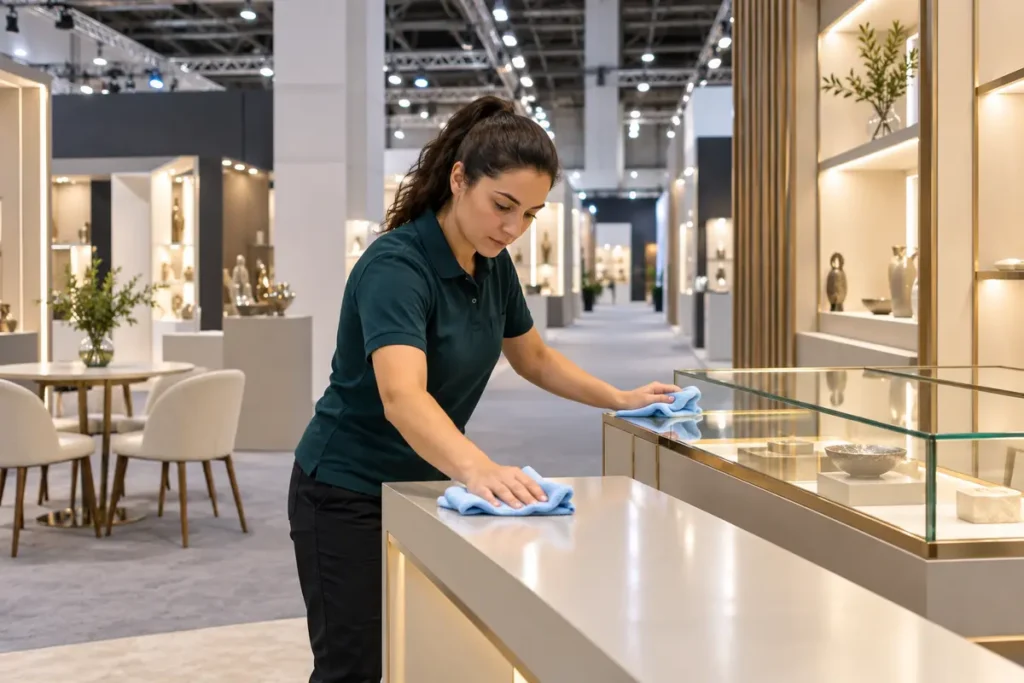 Fuar stant temizliğinde açılış öncesi stand yüzeylerini silen görevli