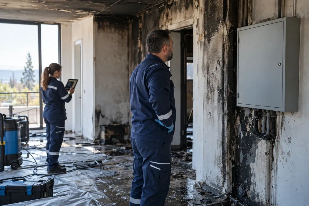 Yangın sonrası duvar ve elektrik panosundaki hasarı inceleyen uzmanlar