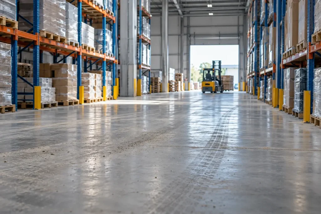 Depo rafları ve forklift arasında uzanan beton zeminde toz ve kir kalıntıları görülüyor