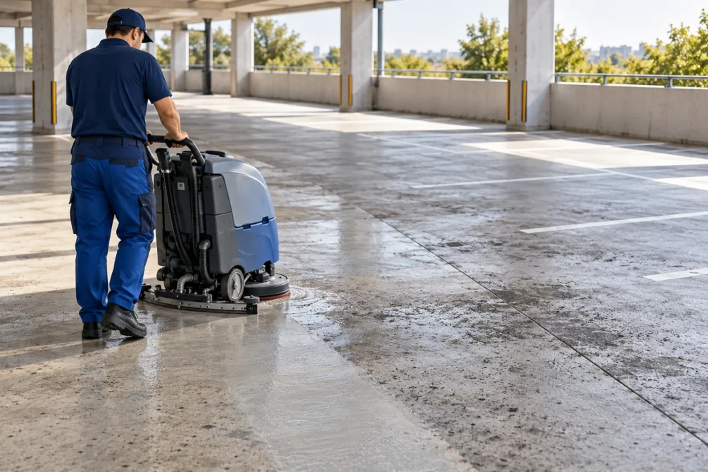 Açık otoparkta beton zemini yıkama makinesiyle temizleyen görevli