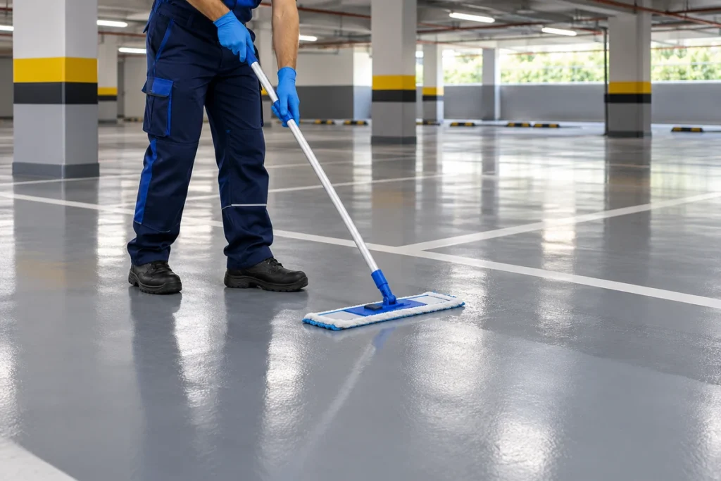 Epoksi kaplı otopark zeminini mikrofiber paspasla silen görevli