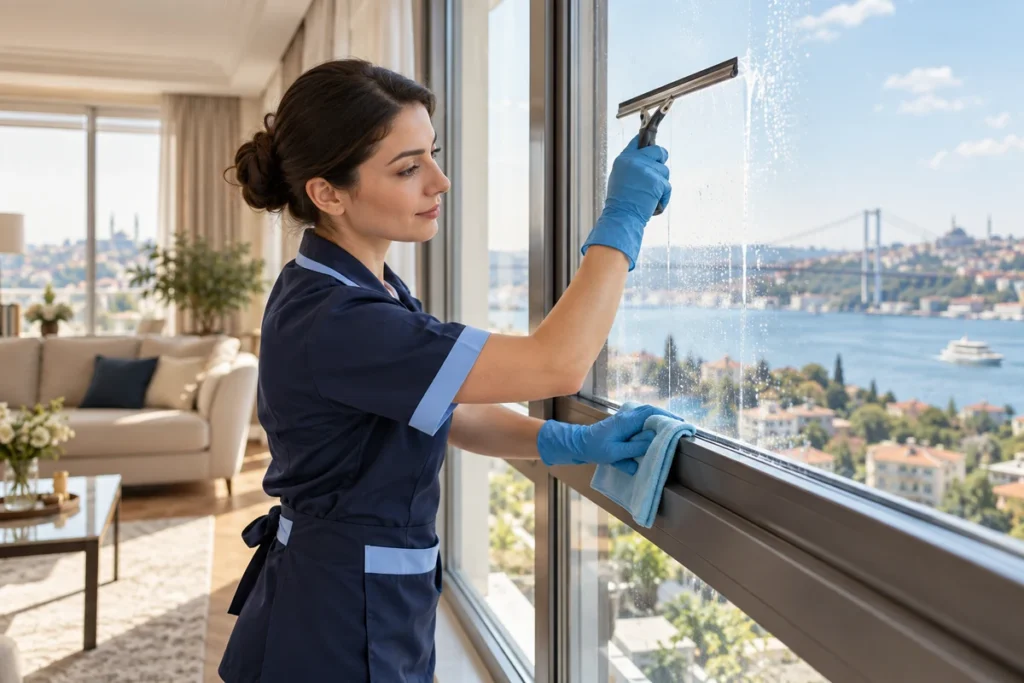 Ev temizliğinde pencere camını ve doğrama kenarlarını silen profesyonel görevli