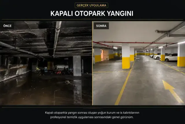 Kapalı otopark yangını sonrası duvar, tavan, kolon ve zemindeki kurum temizliğinin öncesi ve sonrası