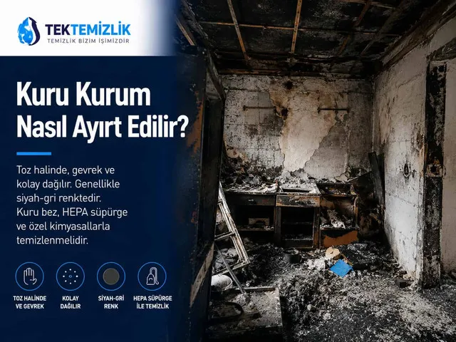 Yangın sonrası alanda siyah ve toz hâlindeki kuru kurum birikimi