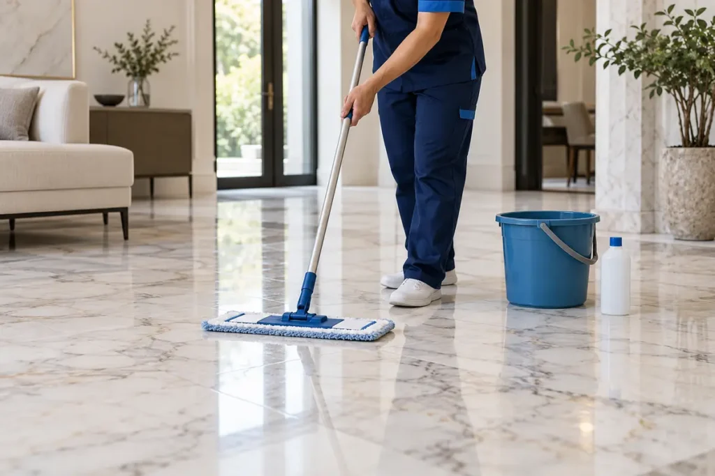 Mermer zemini mikrofiber mop ve temizlik malzemeleriyle temizleyen görevli