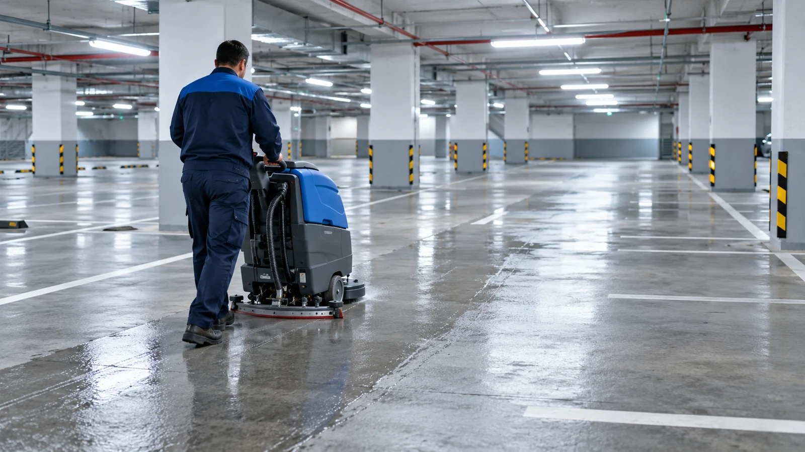 Kapalı otoparkın beton zeminini yıkama makinesiyle temizleyen görevli