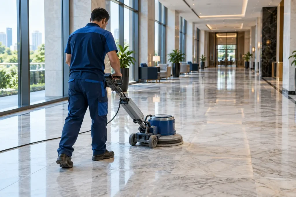 Geniş mermer zeminde profesyonel parlatma makinesi kullanan görevli
