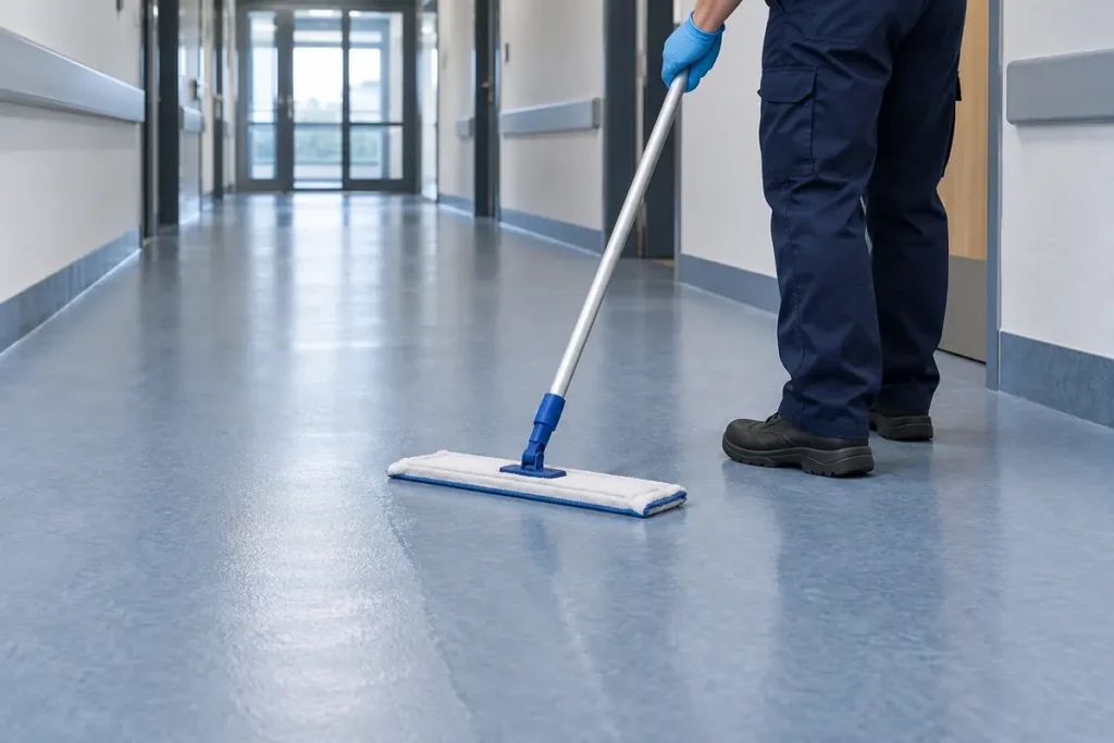 Temizlenmiş PVC zemine düz mop aplikatörle koruyucu bakım ürünü uygulayan temizlik personeli