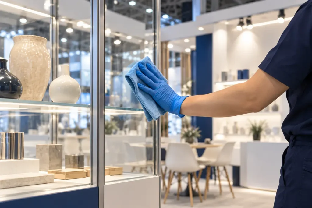 Stand kurulumu sonrası cam ve pleksi panelin mikrofiber bezle silinmesi