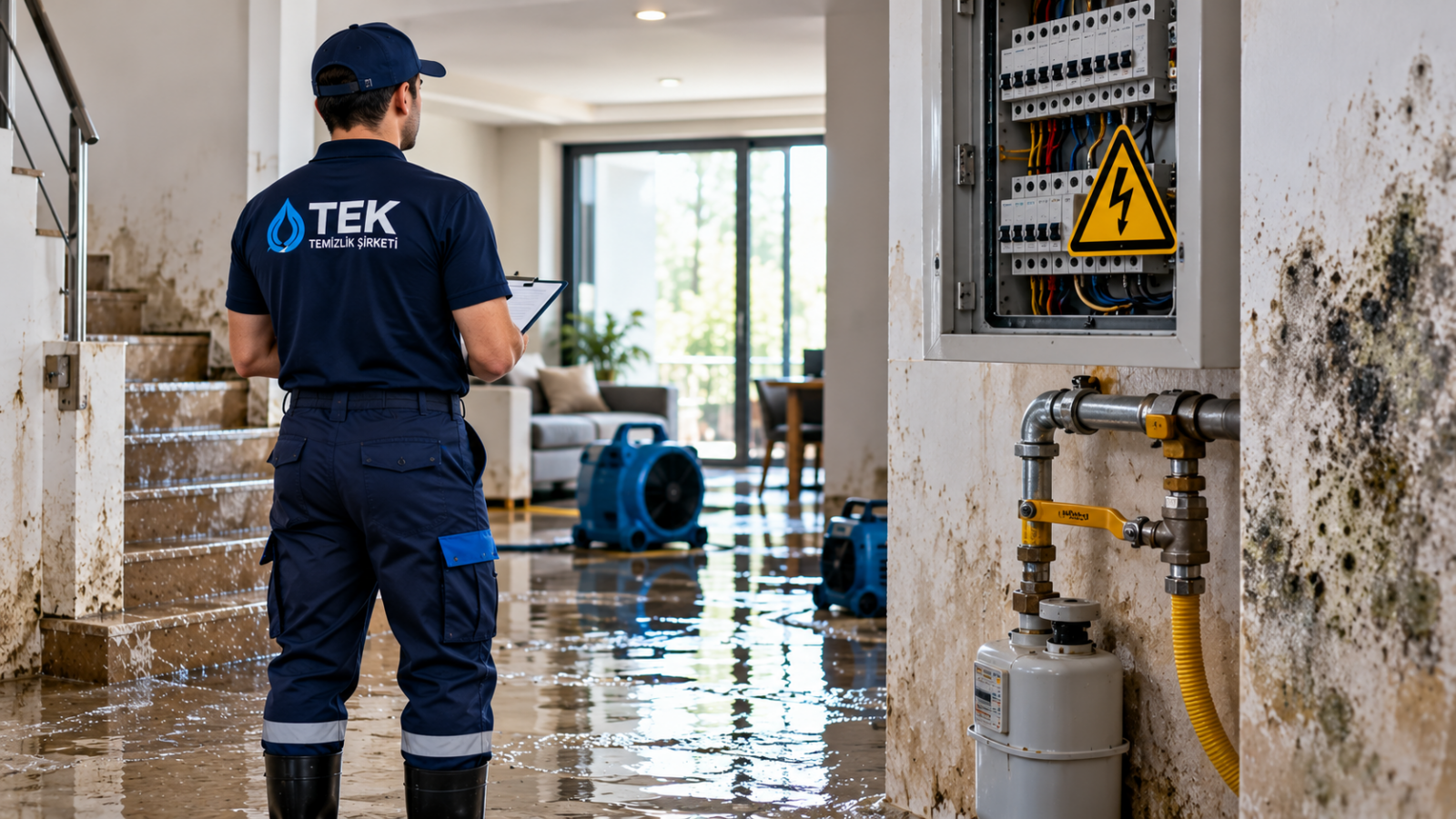 Su baskını sonrası elektrik tesisatı, gaz hattı ve nemden etkilenen duvarların güvenlik açısından değerlendirilmesi