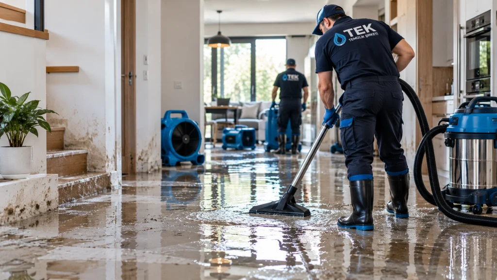 Su baskını sonrası profesyonel ekip tarafından su biriken alanda tahliye çalışması