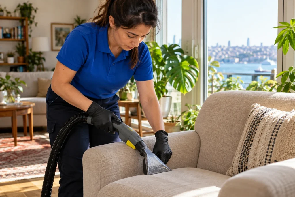 Kadıköy ev temizliği hizmetinde koltuğu profesyonel vakumla temizleyen görevli