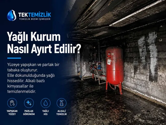 Yangın sonrası kazan dairesinde parlak ve yapışkan yağlı kurum tabakası